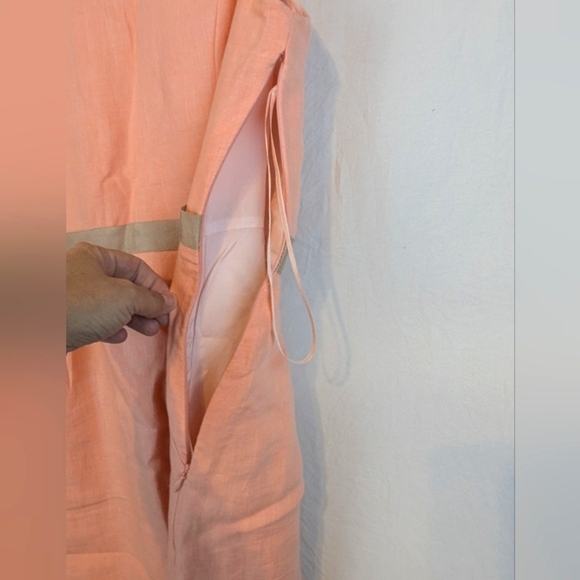 J Crew Suiting Size 8 Capped Sleeve Mid Length Peach Dress W/ Ribbon Belt Linen - Picture 2 of 10